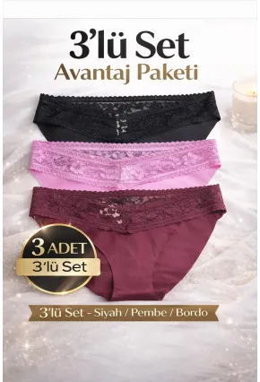 3lü Pamuklu Dantelli Dikişsiz Külot Siyah Bordo