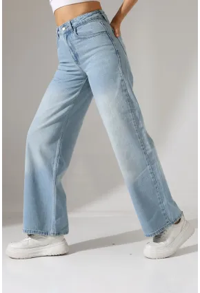 Açık Mavi Yüksek Bel Wide Leg Jean Pantolon