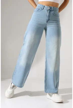 Açık Mavi Yüksek Bel Wide Leg Jean Pantolon