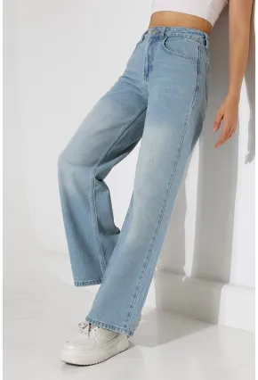 Açık Mavi Yüksek Bel Wide Leg Jean Pantolon