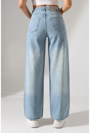 Açık Mavi Yüksek Bel Wide Leg Jean Pantolon