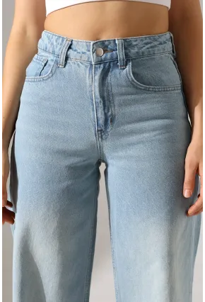 Açık Mavi Yüksek Bel Wide Leg Jean Pantolon