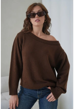 Asimetrik Yaka Oversize Triko Kazak