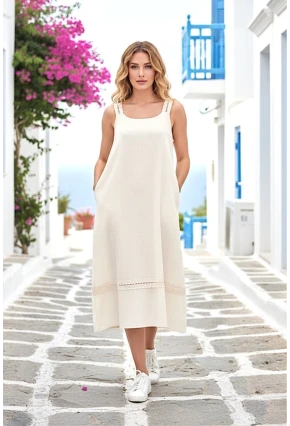 Askılı Askısı Dantelli Keten Elbise