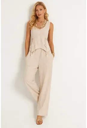 Askılı Yanları Halat Detaylı Gömlek Pantolon Keten Takım