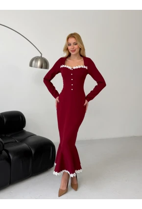 Atlas Kumaş Güpür Dantel Detay Midi Boy Elbise Bordo