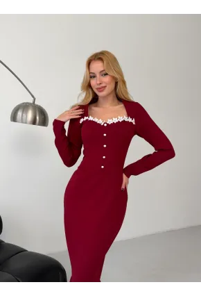 Atlas Kumaş Güpür Dantel Detay Midi Boy Elbise Bordo