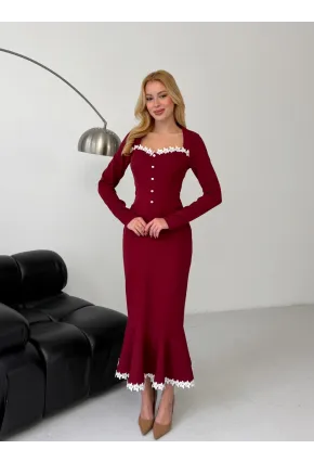 Atlas Kumaş Güpür Dantel Detay Midi Boy Elbise Bordo