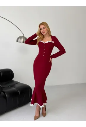 Atlas Kumaş Güpür Dantel Detay Midi Boy Elbise Bordo