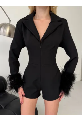 Atlas Kumaş Tüy Detaylı Mini Şort Tulum Siyah