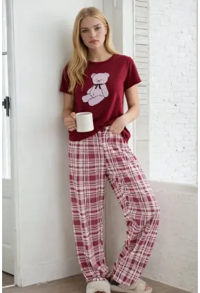 Ayıcık Baskılı Ekose Alt Kadın Pijama Takımı – Bordo Rahat Seri