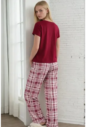 Ayıcık Baskılı Ekose Alt Kadın Pijama Takımı – Bordo Rahat Seri