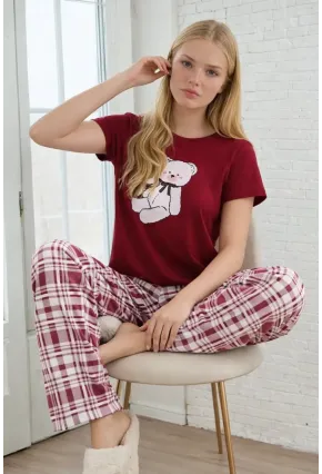 Ayıcık Baskılı Ekose Alt Kadın Pijama Takımı – Bordo Rahat Seri