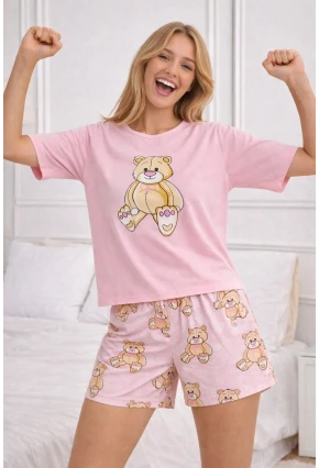 Ayıcık Baskılı Şortlu Kadın Pijama Takımı Pembe