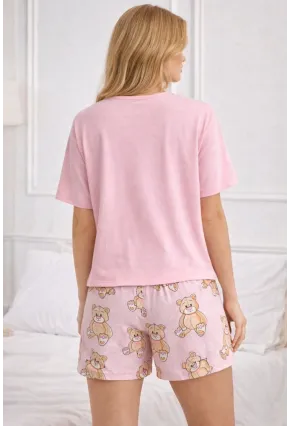 Ayıcık Baskılı Şortlu Kadın Pijama Takımı Pembe