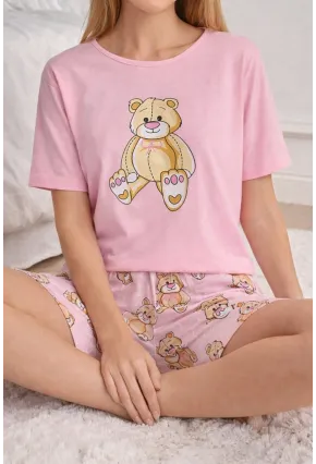 Ayıcık Baskılı Şortlu Kadın Pijama Takımı Pembe
