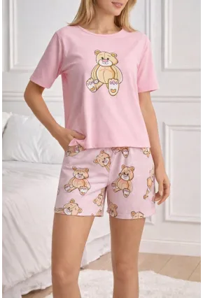 Ayıcık Baskılı Şortlu Kadın Pijama Takımı Pembe