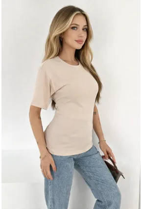 Bağlama Detaylı Kısa Kollu Tişört Bej