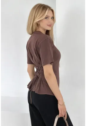 Bağlama Detaylı Kısa Kollu Tişört Kahverengi