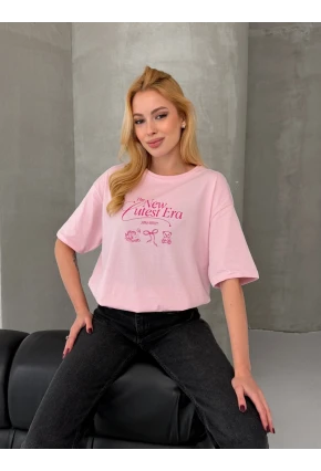 Baskılı Oversize Kadın Tişört Pembe