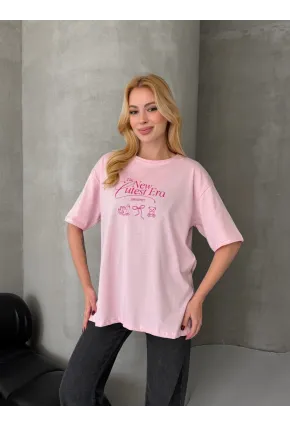 Baskılı Oversize Kadın Tişört Pembe