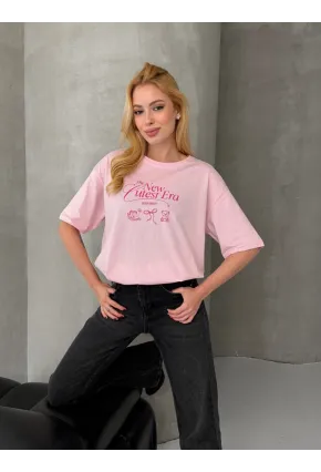 Baskılı Oversize Kadın Tişört Pembe