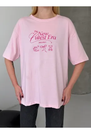 Baskılı Oversize Kadın Tişört Pembe