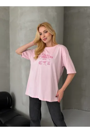 Baskılı Oversize Kadın Tişört Pembe