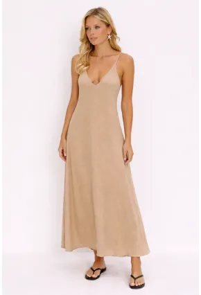 Bej Askılı Salaş Maxi Elbise