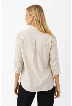 Bej V Yaka Düğmeli Kadın Gömlek – Rahat Kesim, Günlük & Şık Stil