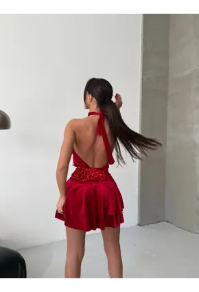 Bel Payet Detay Kadife Mini Elbise Kırmızı