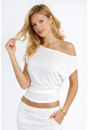 Beyaz Asimetrik Yaka Drapeli Crop Bluz