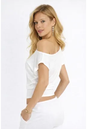 Beyaz Asimetrik Yaka Drapeli Crop Bluz