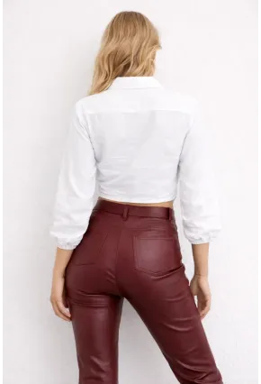 Beyaz Bağlamalı Crop Gömlek – Lastikli Kol Detaylı Yazlık Kadın Gömlek