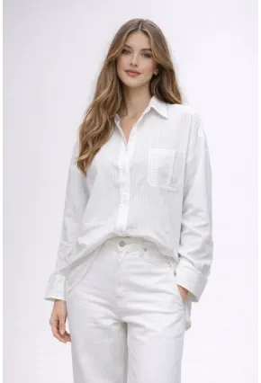 Beyaz Çizgili Jakar Kumaş Oversize Gömlek