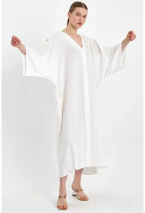 Beyaz Sırt Etnik Nakışlı Maxi Boy Gömlek Elbise