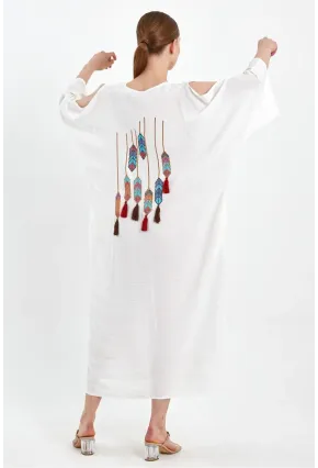 Beyaz Sırt Etnik Nakışlı Maxi Boy Gömlek Elbise