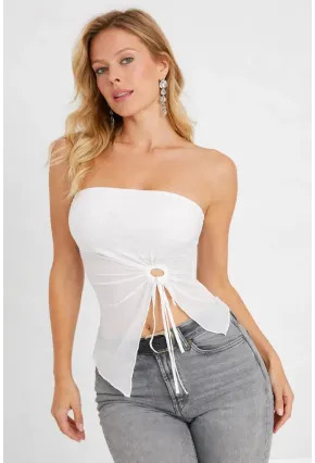 Beyaz Straplez Tül Detaylı Büzgülü Crop Bluz