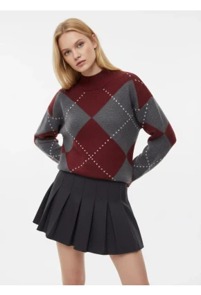 Bisiklet Yaka Baklava Desenli Triko Kazak