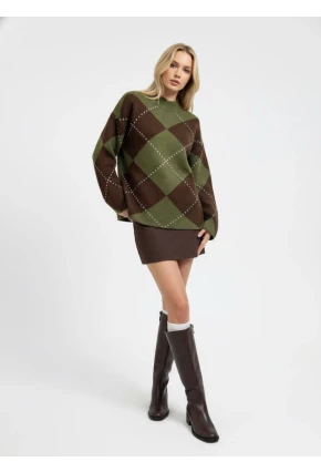 Bisiklet Yaka Baklava Desenli Triko Kazak