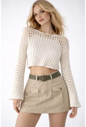 Bohem Beyaz Dantel Crop Bluz – Uzun Kollu Bol Kesim