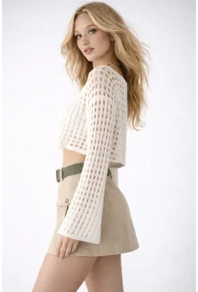 Bohem Beyaz Dantel Crop Bluz – Uzun Kollu Bol Kesim