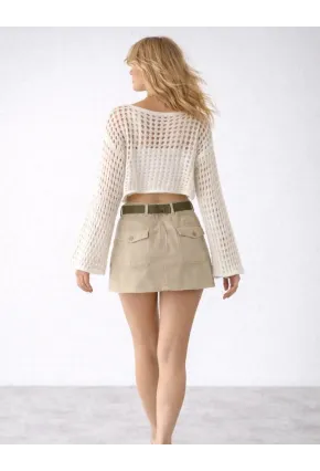 Bohem Beyaz Dantel Crop Bluz – Uzun Kollu Bol Kesim