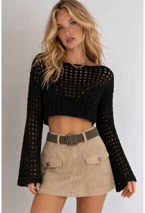 Bohem Siyah Dantel Crop Bluz – Uzun Kollu Bol Kesim