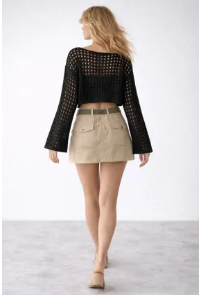 Bohem Siyah Dantel Crop Bluz – Uzun Kollu Bol Kesim