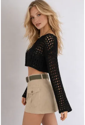 Bohem Siyah Dantel Crop Bluz – Uzun Kollu Bol Kesim