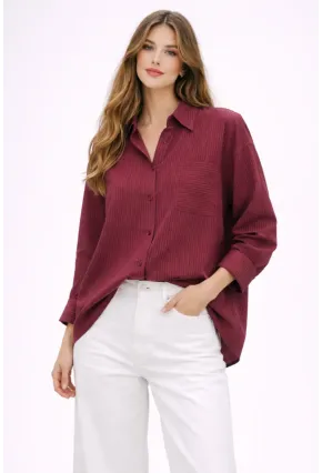 Bordo Çizgili Jakar Kumaş Oversize Gömlek