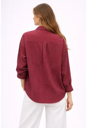 Bordo Çizgili Jakar Kumaş Oversize Gömlek