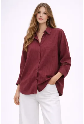 Bordo Çizgili Jakar Kumaş Oversize Gömlek