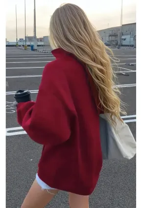 Bordo NYC Fermuarlı Üç İplik Oversize Sweatshirt